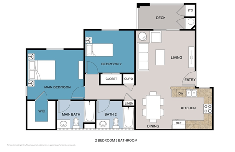Floor plan for 2 beds, 2 baths, 999 sqft